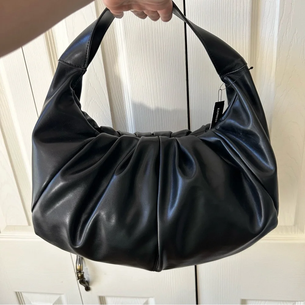 Express Slouched Hobo Handbag Runch Shoulder Bag Black Faux Leather - Picture 6 of 8